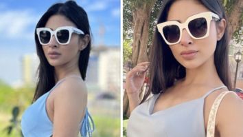 Mouni Roy poses in a pastel-blue dress against a backdrop of azure skies in post-card worthy picture from her Dubai holiday