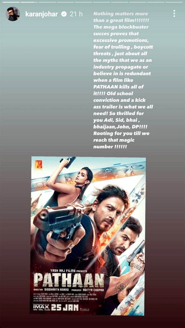 Karan Johar once again praises Pathaan; says, “The mega blockbuster success proves that excessive promotions, fear of trolling, boycott threats, just about all the myths” 