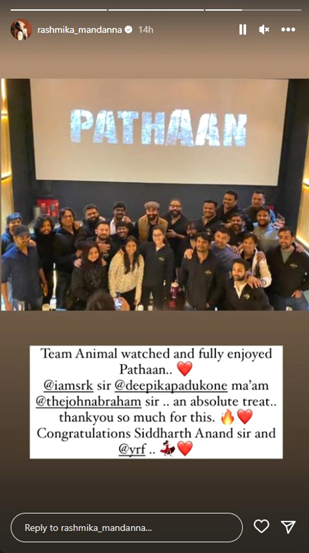 Rashmika Mandanna shares a picture with Ranbir Kapoor and team Animal from the screening of Pathaan! 