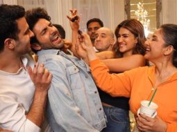 Shehzada: Kriti Sanon and Manisha Koirala forcefully feed cake to Kartik Aaryan at the wrap up party