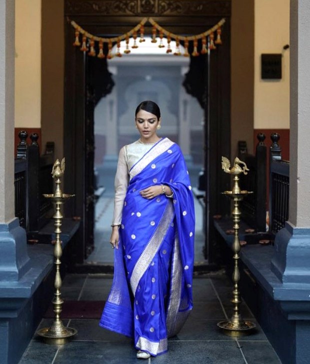 Shriya Pilgaonkar looks like a dream in a blue saree with golden thread work by raw mango