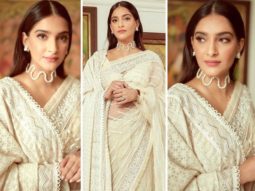 Sonam Kapoor’s white saree by Abu Jani Sandeep Khosla comes with the most exquisite pearl-encrusted drape