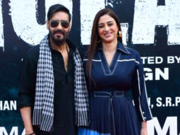 The iconic duo, Tabu and Ajay Devgn pose for paps at ‘Bhola’ teaser 2 launch