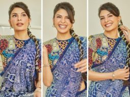 You’ll appear like the most stylish wedding guest around in this blue abstract saree by Abu Jani Sandeep Khosla, worn by Jacqueline Fernandez