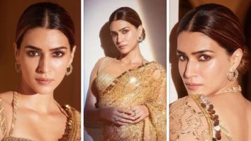 Kriti Sanon turns into the ultimate golden girl at Sidharth and Kiara’s wedding reception wearing a golden sheer saree by Manish Malhotra