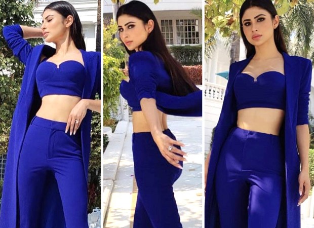 Mouni Roy aces the power-suit game in an electric blue pantsuit with a bustier, fitted pants and long shrug : Bollywood News
