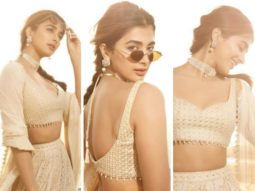 Pooja Hegde looks every bit of an ethnic diva in an ivory sequinned lehenga for her brother’s haldi ceremony