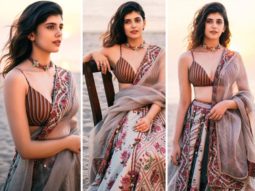 Sanjana Sanghi’s maroon and pastel blue lehenga is a calming solution for beach weddings