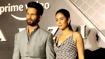 Shahid Kapoor poses with wife Mira Rajput at Farzi screening