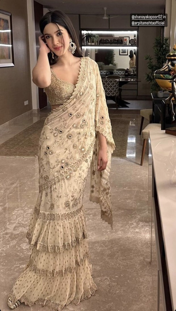 The most gorgeous wedding guest is undoubtedly Shanaya Kapoor, who is sporting an elegant ruffle saree by Arpita Mehta 