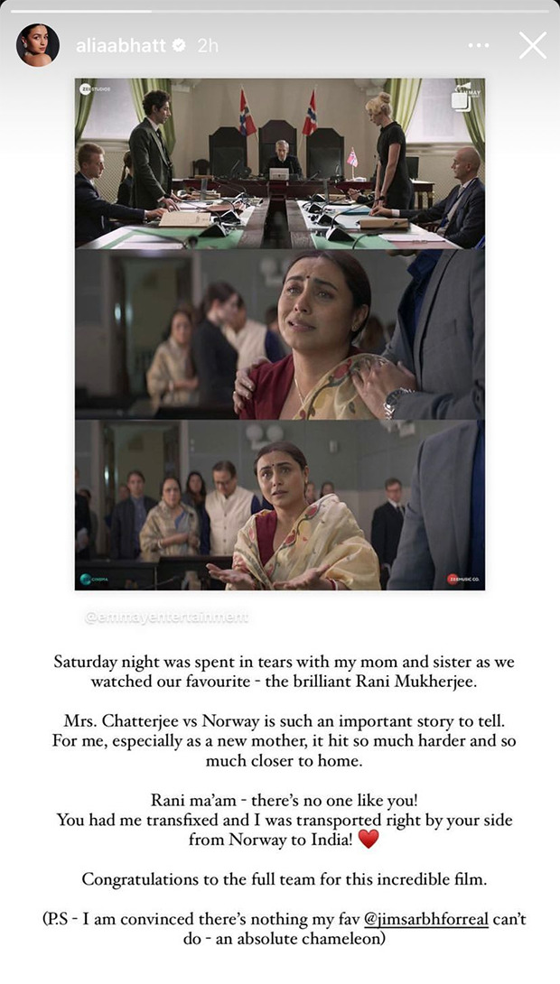 Alia Bhatt pens emotional review for Rani Mukerji starrer Mrs. Chatterjee Vs Norway; says, “Saturday night was spent in tears”