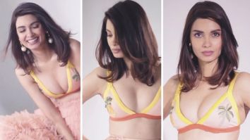 Diana Penty twirls in a charming tulle skirt and a bikini with a tropical palm print
