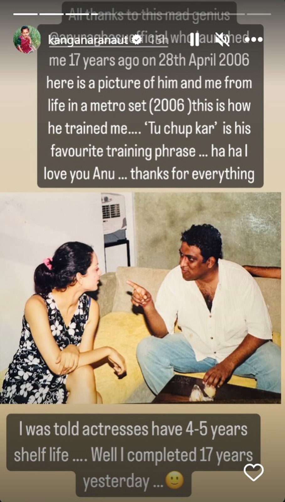 Kangana Ranaut shares a throwback picture with Anurag Basu says, “I was told actresses have 4-5 years shelf life... Well, I completed 17 years yesterday”