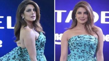 Making animal print look chic as ever is Priyanka Chopra in a Versace’s strapless turquoise dress at Citadel premiere