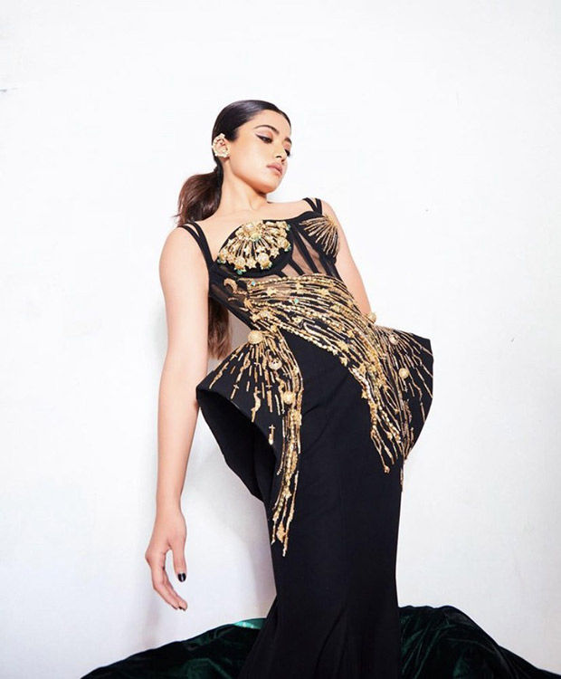 Rashmika Mandanna in structured black and gold corset gown by Falguni & Shane Peacock made sure she was the star of the night at NMACC
