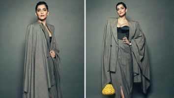 Sonam Kapoor bewitches in a grey skirt suit and corset with a pop of colour with yellow Louis Vuitton bag