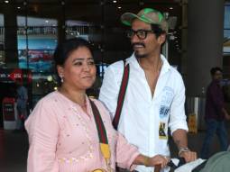 Bharti Singh and Haarsh Limbachiyaa with baby Gola at the airport