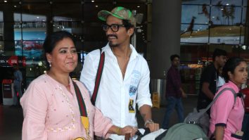 Bharti Singh and Haarsh Limbachiyaa with baby Gola at the airport