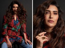 Karishma Tanna gives her power dressing her own fashionable floral twist in red floral blazer and denim pants for Scoop promotions