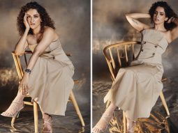 Sanya Malhotra exudes effortless elegance in a beige strapless dress with delicate button details