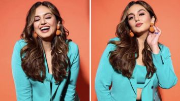 Huma Qureshi sported a turquoise pantsuit and exuded boss babe vibes for the promotions of her film Tarla