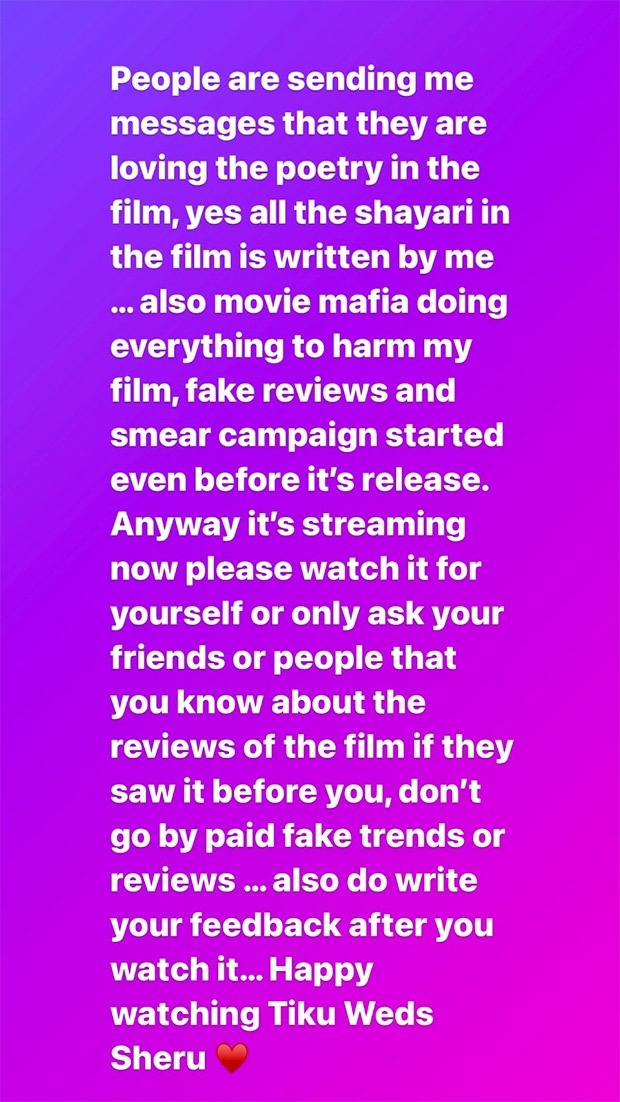 Kangana Ranaut alleges "movie mafia" plotting against Tiku Weds Sheru through fake reviews and smear campaign