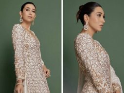Karisma Kapoor is a vision of ethereal beauty in a white Manish Malhotra lehenga, adorned with a long jacket