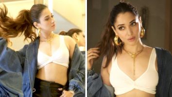 Tamannaah Bhatia looks effortlessly chic and edgy, stealing hearts in black pants, white ribbed bralette, and denim jacket for Jee Karda promotions
