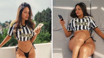 Esha Gupta in football jersey and a bikini thong bottom sets the temperature soaring