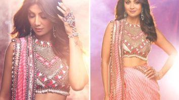 Shilpa Shetty in a contemporary pink and silver saree is brightening up her summer style