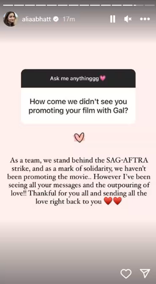Alia Bhatt reveals why she didn't promote her Hollywood debut movie: "We stand behind the SAG-AFTRA strike" 