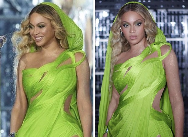 Beyonce amps up the drama on stage in a stunning green sari gown by ...