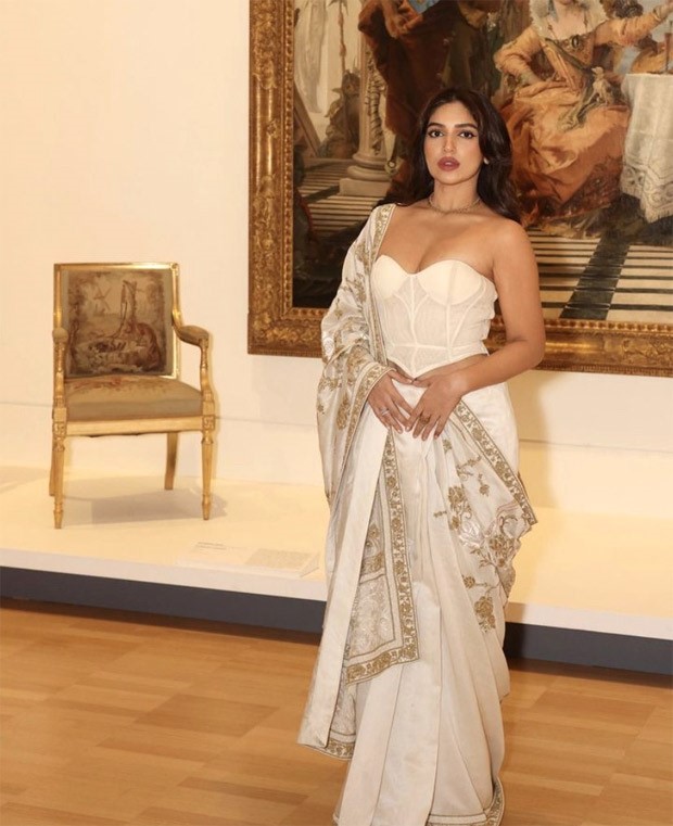 Bhumi Pednekar gives a modern twist to ethnic dressing with a white corset blouse and white embroidered saree worth Rs.2 Lakh