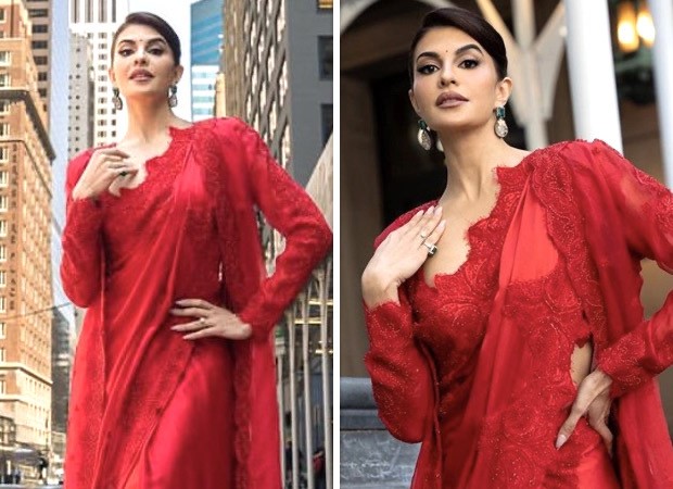 Jacqueline Fernandez attends the Independence Day parade in New York  looking as ethereal as possible in a stunning red organza saree : Bollywood  News - Bollywood Hungama