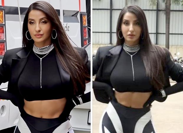 TROLLED! Nora Fatehi flaunts her chic look wearing a blue bralette with  black leather shorts and a jacket