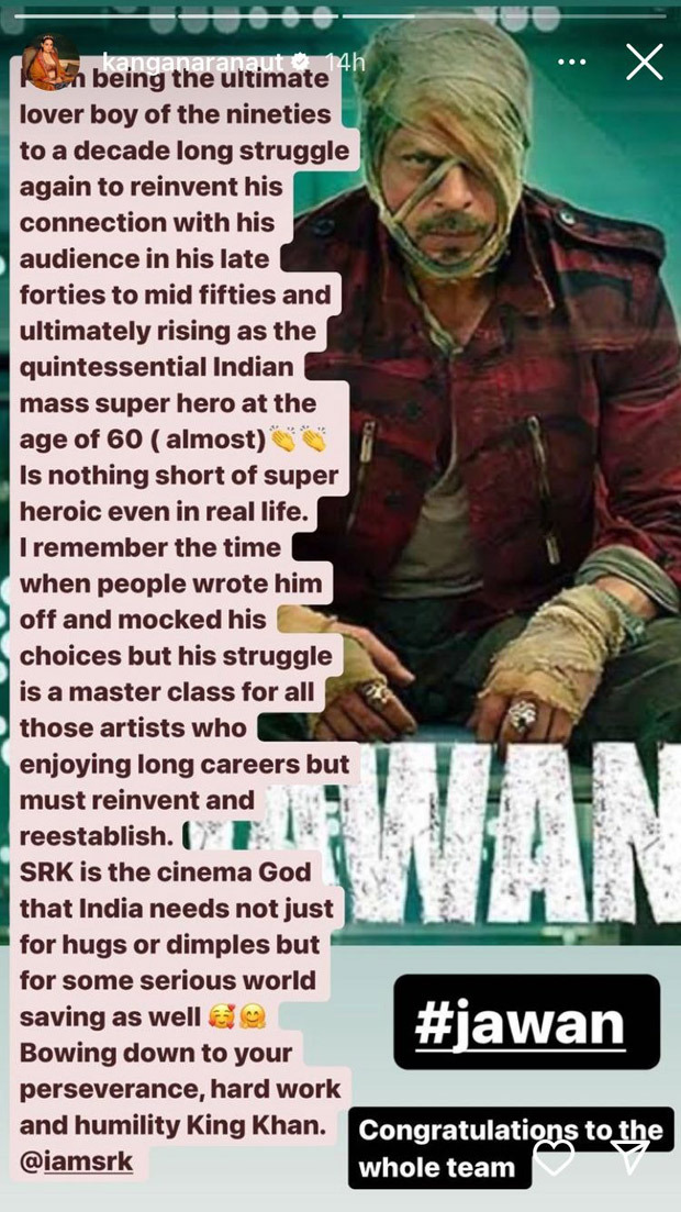 Kangana Ranaut calls Shah Rukh Khan “cinema god” as Jawan releases; says, “His struggle is a master class for…”