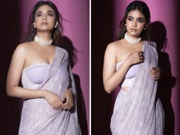 Keerthy Suresh gives a modern twist to ethnic dressing with a corset blouse and a shimmery lavender saree