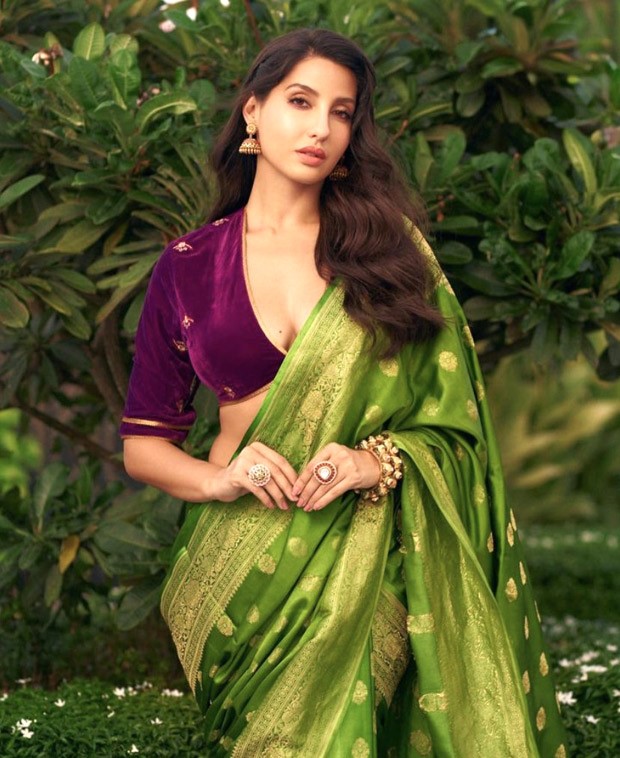 Nora Fatehi's ethnic charm in geen and purple saree leaves us spellbound