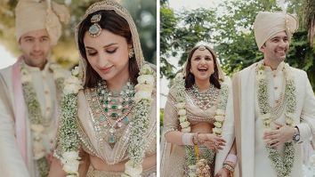 Parineeti Chopra and Raghav Chadha adorn pastel ensembles by Manish Malhotra and Pawan Sachdeva, creating a perfect wedding look