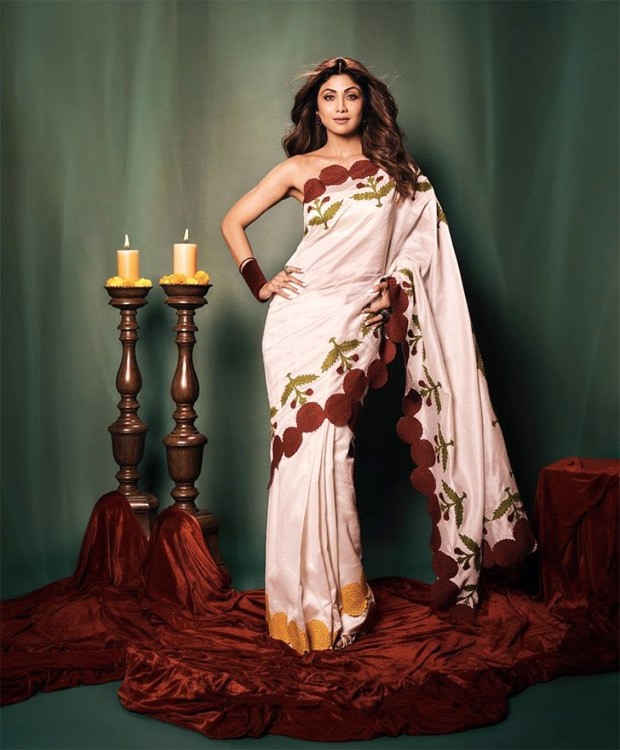Shilpa Shetty spreads the love for sarees yet again in floral saree and one-shoulder blouse