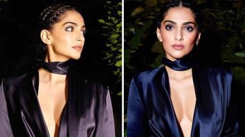 Sonam Kapoor Ahuja graces the Hugo Boss fashion show in a mid-night blue gown adorned with an elegant cowl neck, accompanied by a perfectly coordinated matching scarf