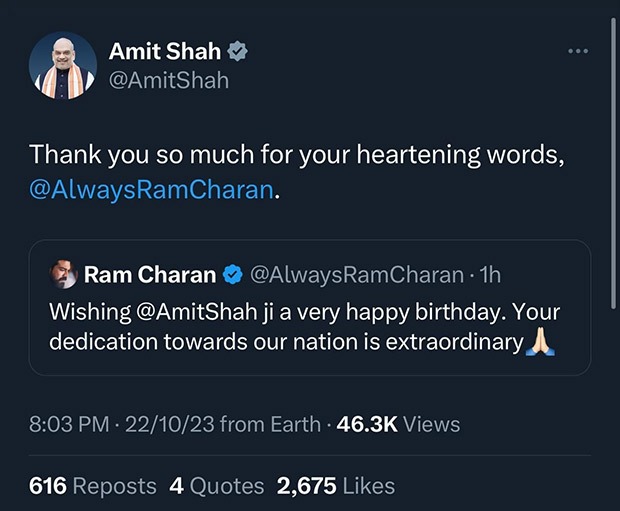 Ram Charan pens a heartfelt birthday wish for Home Minister Amit Shah