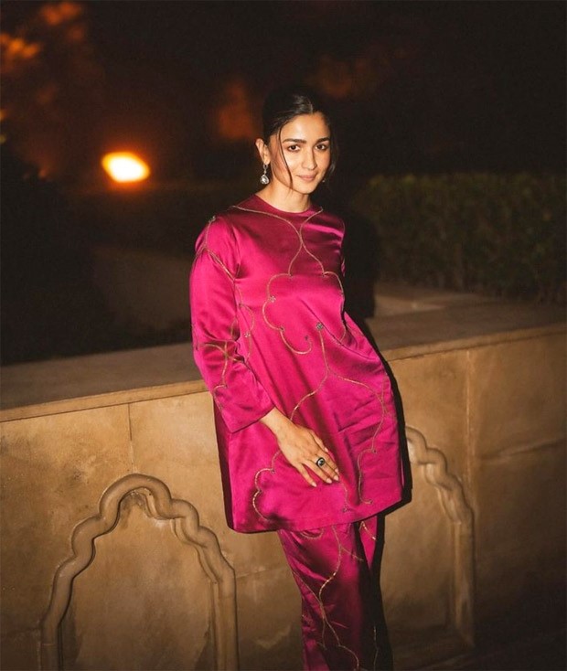 Alia Bhatt is setting the right festive mood in rani pink kurta set by Raw Mango worth Rs.52,500
