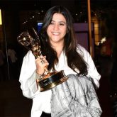 Ektaa R Kapoor flaunts her Emmy trophy at the airport terminal in Mumbai