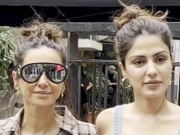 Rhea Chakraborty rocks the denim look as she chit chats with Shibani Dandekar