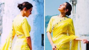 Sara Ali Khan stuns in a radiant yellow handcrafted saree at the Ae Watan Mere Watan film launch