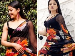 Rashmika Mandanna exuded sheer elegance as she adorned herself in a stunning dark floral saree