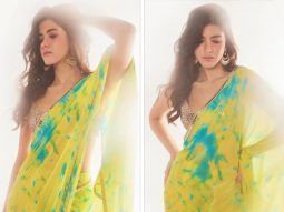 Shanaya Kapoor radiates Bollywood glam in a yellow tie and dye saree, channeling the elegance of Rani Chatterjee
