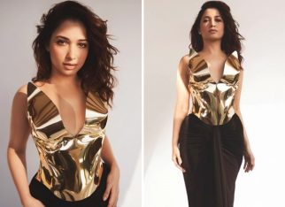 Tamannaah Bhatia shines bright in a gold corset top paired with a chic black skirt at the Vogue Forces of Fashion Awards