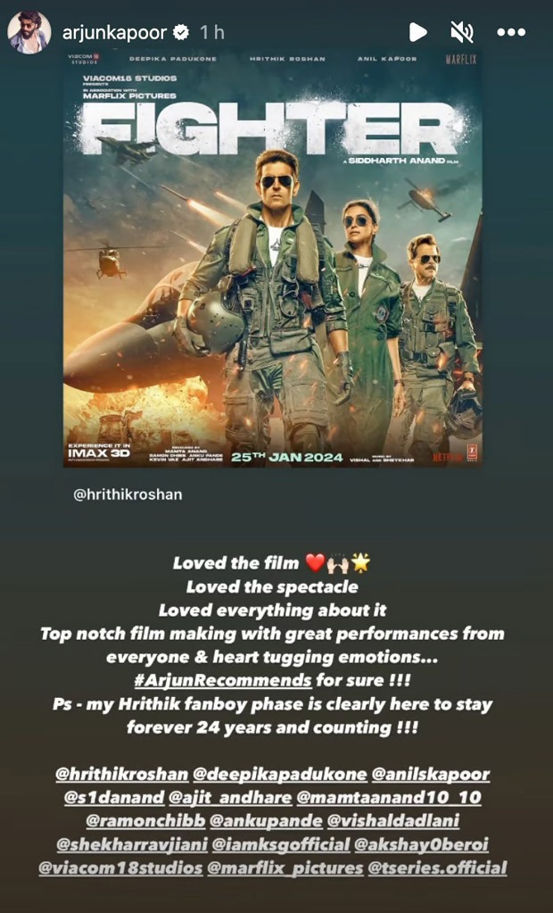 Arjun Kapoor reviews Hrithik Roshan-Deepika Padukone starrer Fighter: "Top notch filmmaking, great performances"
